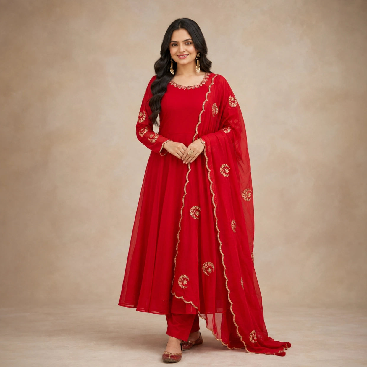 Crimson Gota Moti Anarkali Gown