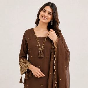 Brown Embroidered Rayon Suit
