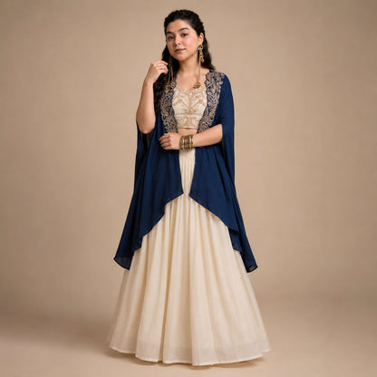 Navy Cape Embroidered Lehenga