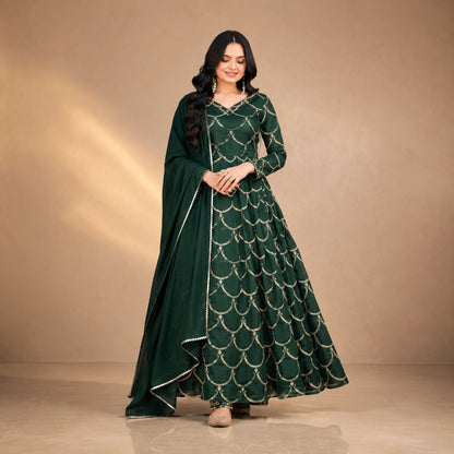 Emerald Green Embroidered Chanderi Gown Set with Open-Back Detail