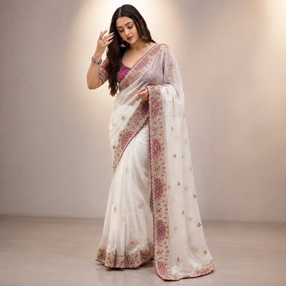 Ivory Applique Scallop Saree