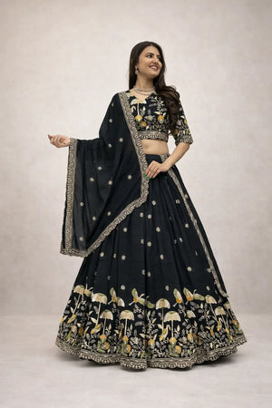 Embroidered Vichitra Silk Lehenga Choli Set with Dupatta