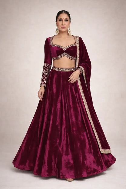 Luxury Velvet Embroidered Lehenga Choli Set with Dupatta
