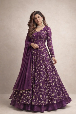 Embroidered Fendy Silk Gown Lehenga Set with Dupatta