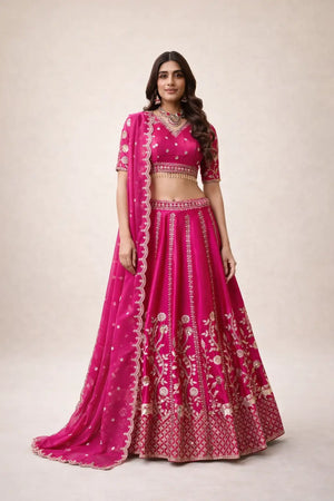 Embroidered Natural Silk Lehenga Choli Set with Organza Dupatta