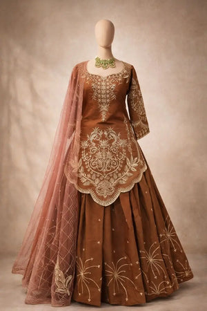 Designer Brown Shimmer Silk Lehenga Choli with Net Dupatta | Heavy Embroidery & Sequin Work