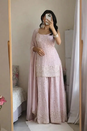 Blush Pink Faux Georgette Embroidered Sharara Set with Dupatta
