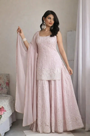 Blush Pink Faux Georgette Embroidered Sharara Set with Dupatta