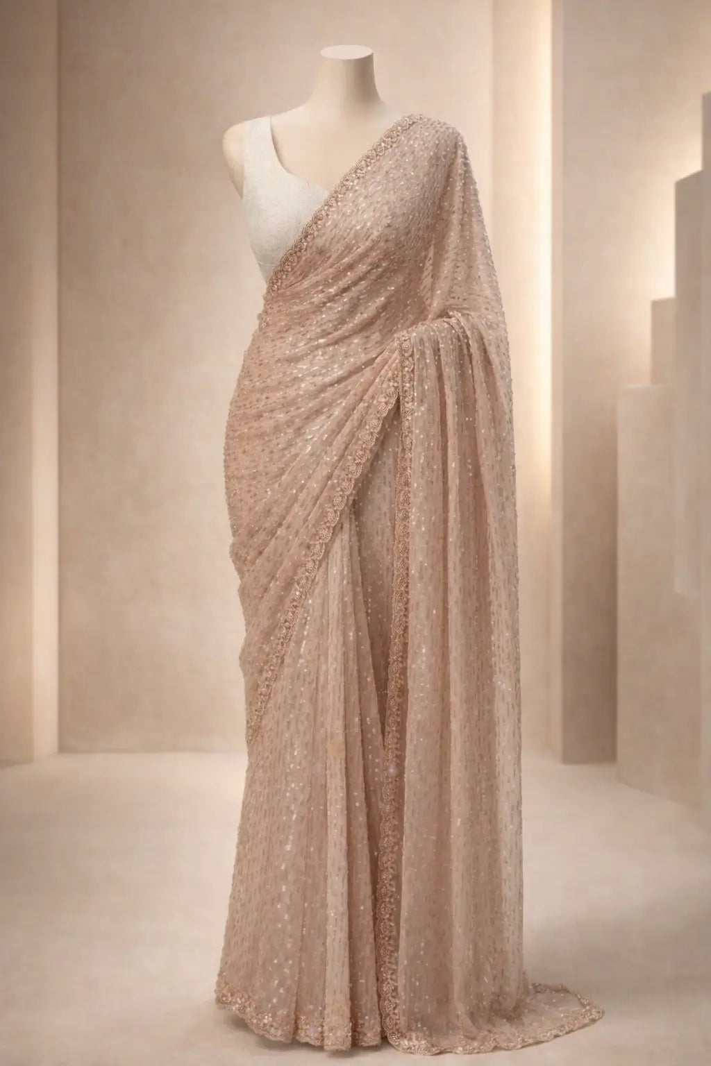 Pure Space Silk Gold Beads Work Saree
