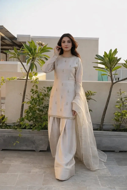 Embroidered Satin Farshi Palazzo Suit Set