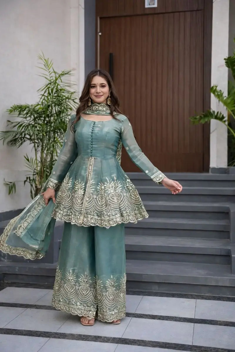 Heavy Two Tone Fendy Satin Silk Embroidered Gown with Sharara & Dupatta – Designer Ethnic Wear