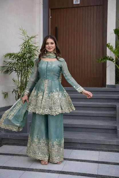 Heavy Two Tone Fendy Satin Silk Embroidered Gown with Sharara & Dupatta – Designer Ethnic Wear