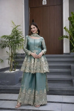 Heavy Two Tone Fendy Satin Silk Embroidered Gown with Sharara & Dupatta – Designer Ethnic Wear