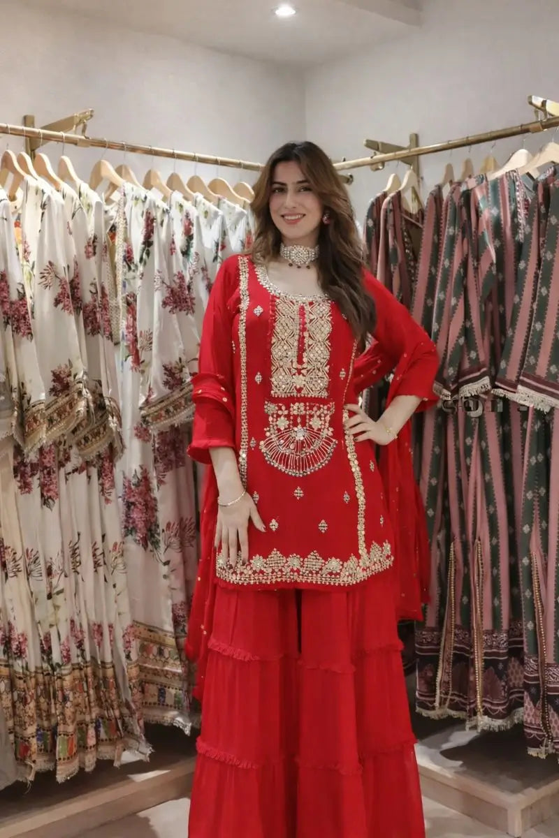 Embroidered Faux Georgette Sharara Suit Set