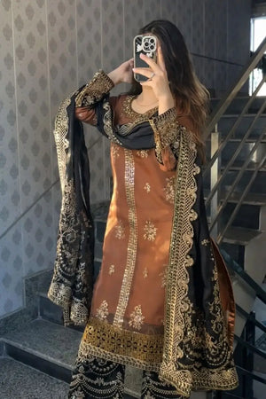Rust Brown Nylon Net Embroidered Kurti Palazzo Set with Dupatta