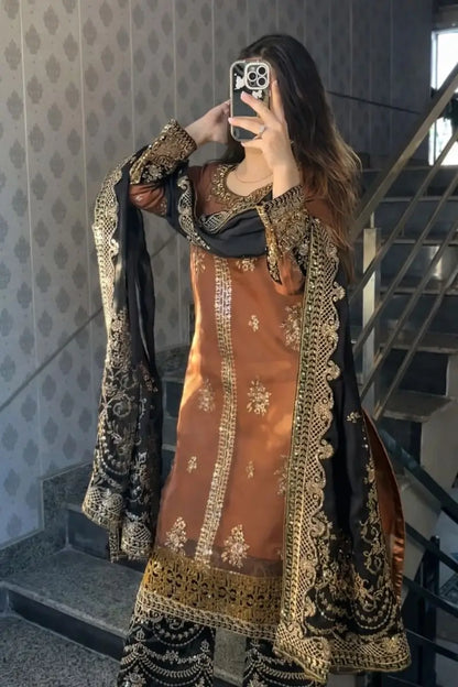 Rust Brown Nylon Net Embroidered Kurti Palazzo Set with Dupatta