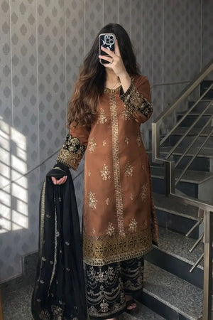 Rust Brown Nylon Net Embroidered Kurti Palazzo Set with Dupatta