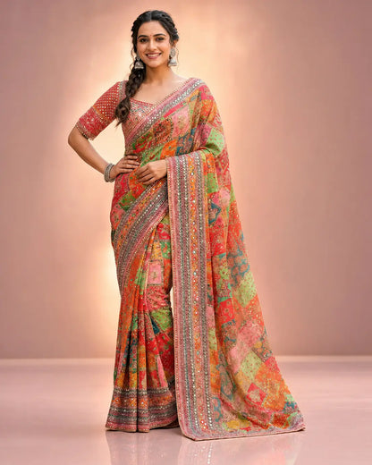 Designer Chinnon Silk Saree with Mirror Work for Festive and Wedding Wear