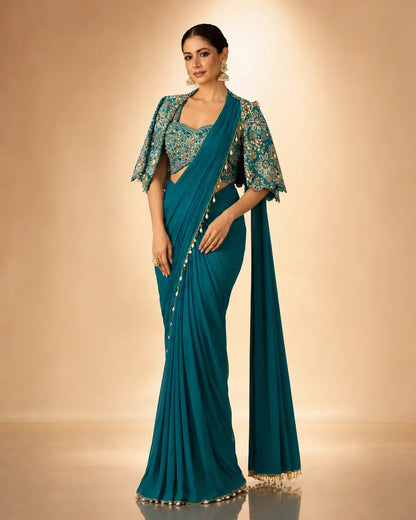 Ready to Wear Crepe Silk Saree with Embroidered Jacket and Blouse