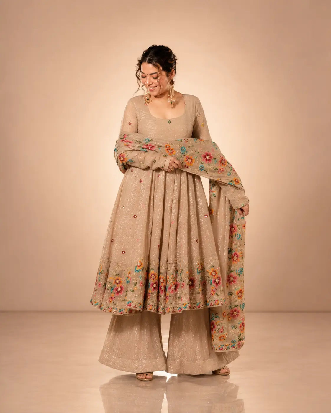 Crunchy Silk Embroidered Gown Sharara Set with Dupatta for Elegant look