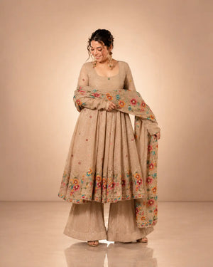 Crunchy Silk Embroidered Gown Sharara Set with Dupatta for Elegant look