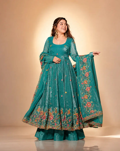 Crunchy Silk Embroidered Gown Sharara Set with Dupatta for Elegant look