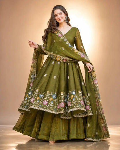 Crunchy Silk Embroidered Gown Sharara Set with Dupatta for Elegant look