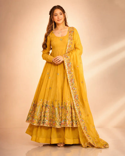 Crunchy Silk Embroidered Gown Sharara Set with Dupatta for Elegant look