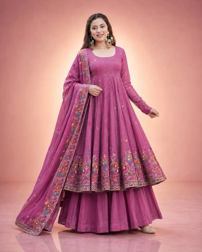 Crunchy Silk Embroidered Gown Sharara Set with Dupatta for Elegant look