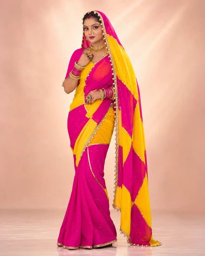 Box Pattern Georgette Saree with Mirror Work and Gotta Lace
