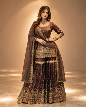 Elegant Crush Silk Sharara Suit with Sequins Embroidery for Festive and Wedding Wear