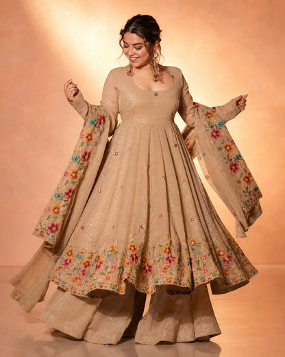 Crunchy Silk Embroidered Gown Sharara Set with Dupatta for Elegant look