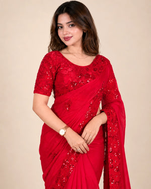 Crimson Beaded Sequin Saree
