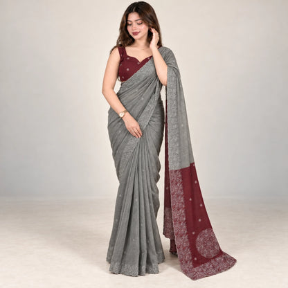 Contrast Cutwork Cotton Saree
