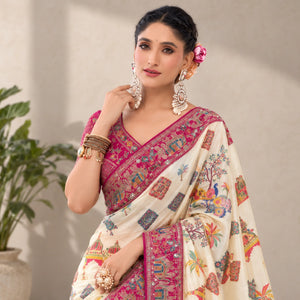 Ivory Printed Chinon Saree with Embroidery