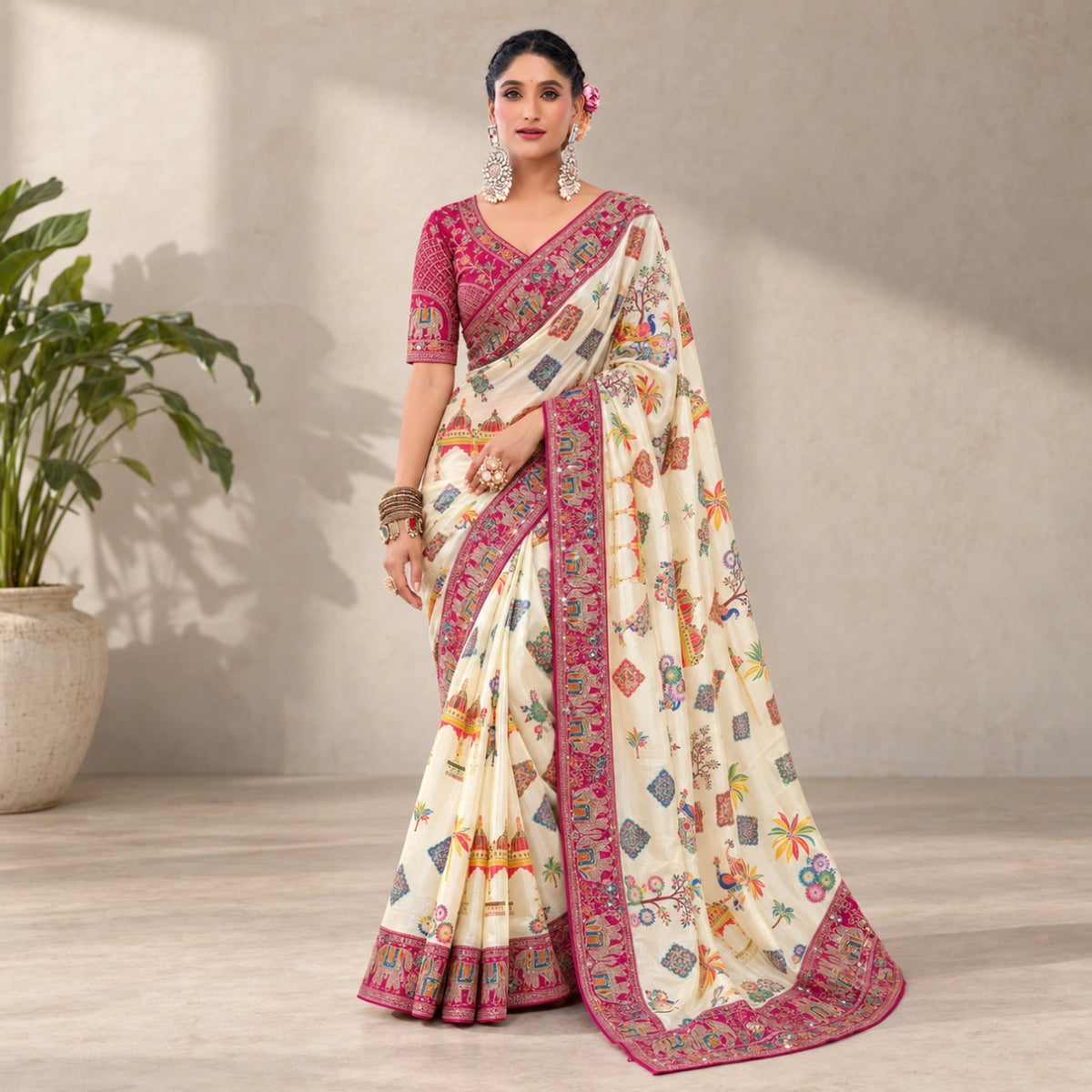 Ivory Printed Chinon Saree with Embroidery