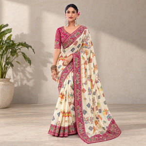 Ivory Printed Chinon Saree with Embroidery