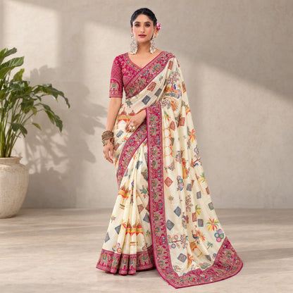 Ivory Printed Chinon Saree with Embroidery