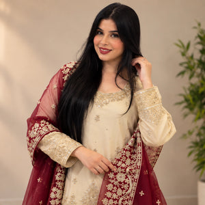 Ivory Chinon Kurta Skirt Set with Dupatta