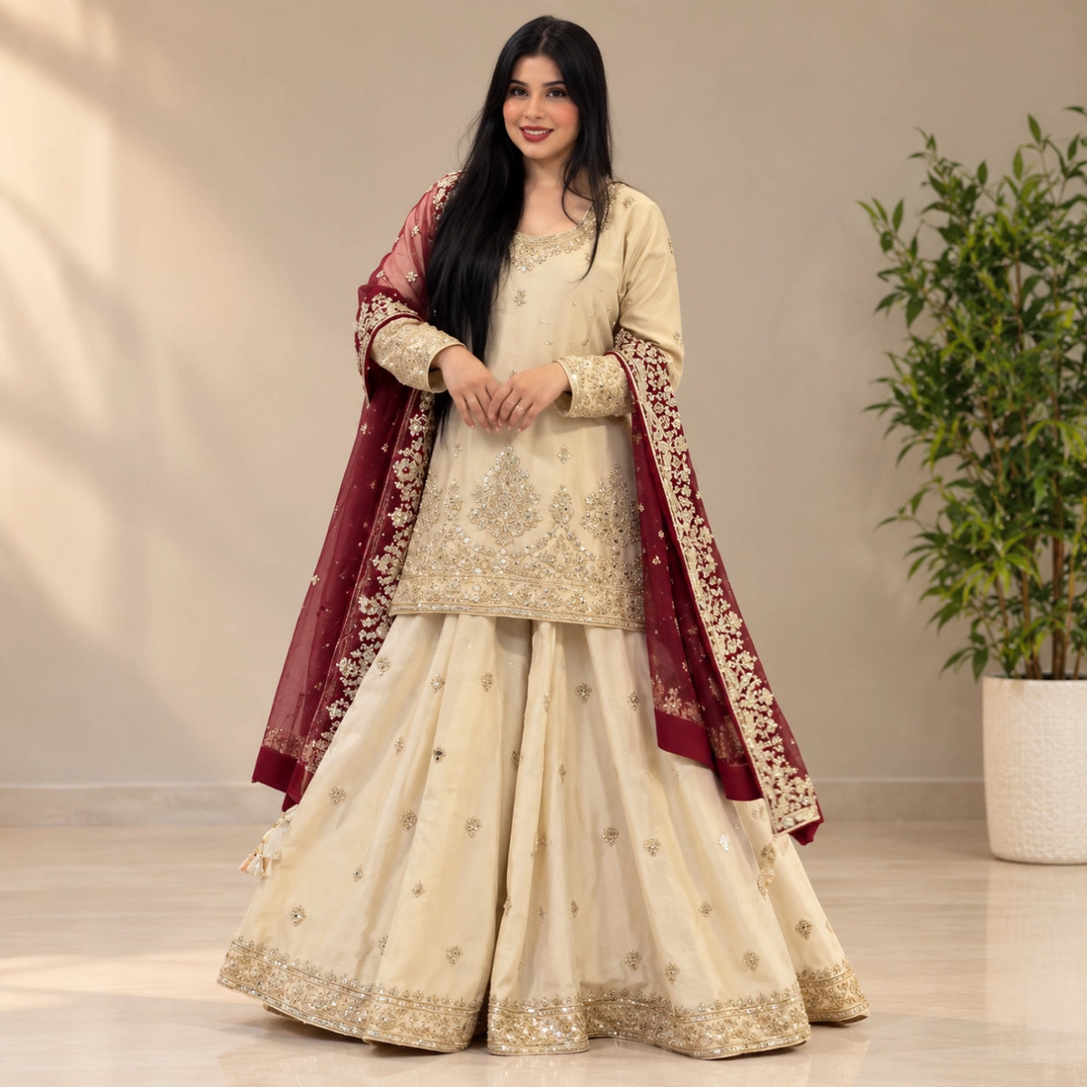 Ivory Chinon Kurta Skirt Set with Dupatta