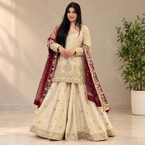 Ivory Chinon Kurta Skirt Set with Dupatta