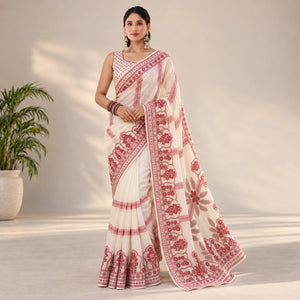 White Faux Georgette Mirror Work Saree