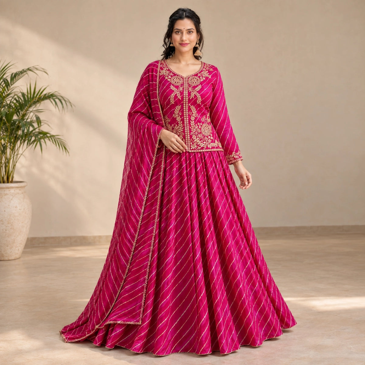 Pink Leheriya Print Jacket Lehenga Set