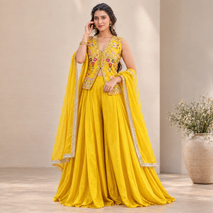 Yellow Embroidered Jacket Palazzo Set
