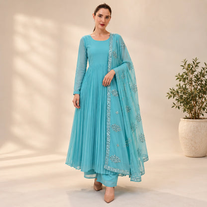 Aqua Pleated Georgette Gown with Dupatta