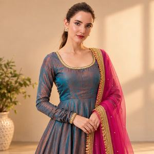 Teal Copper Shimmer Silk Anarkali Set