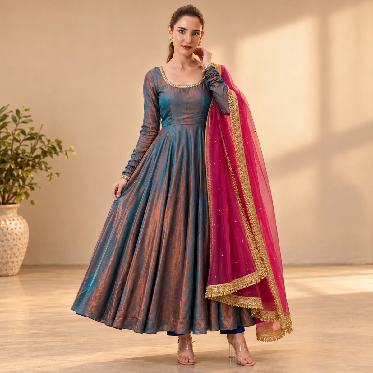 Teal Copper Shimmer Silk Anarkali Set