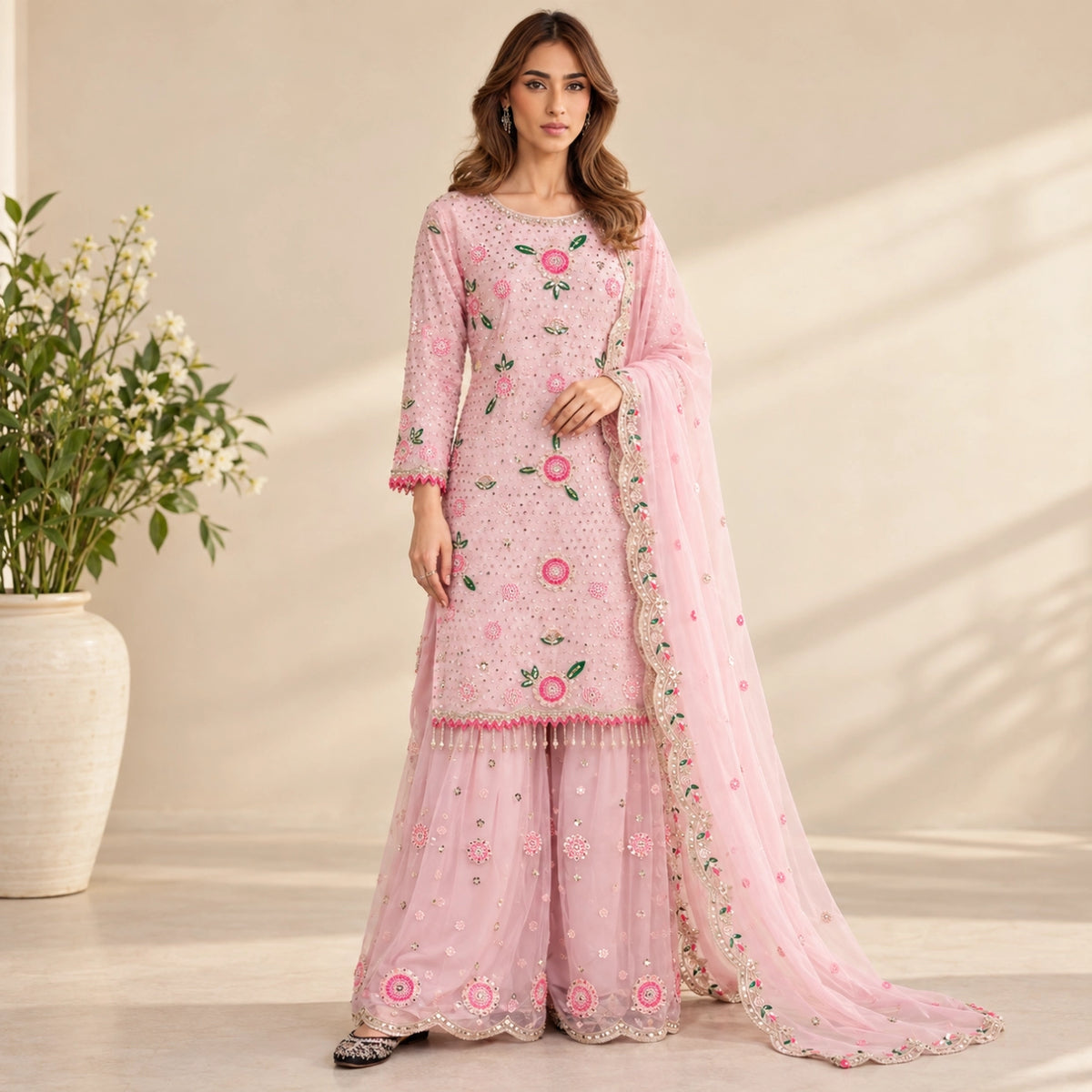 Blush Pink Embroidered Kurta Palazzo Set