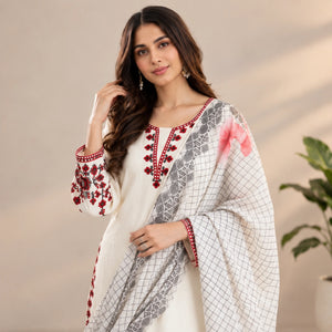 Ivory White Pure Satin Rayon Palazzo Suit Set with Red Thread Embroidery & Digital Print Mal Cotton Silk Dupatta