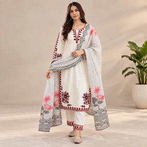 Ivory White Pure Satin Rayon Palazzo Suit Set with Red Thread Embroidery & Digital Print Mal Cotton Silk Dupatta